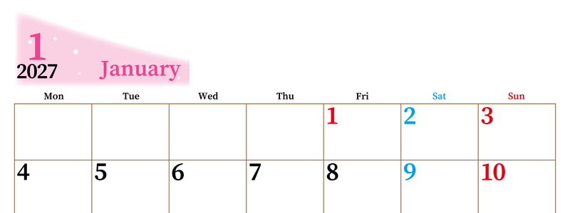 2027年1月横型月曜始まり パステルカラーのシンプルで大きい文字が見やすく書き込みも楽な無料カレンダー 【No.202701120101】