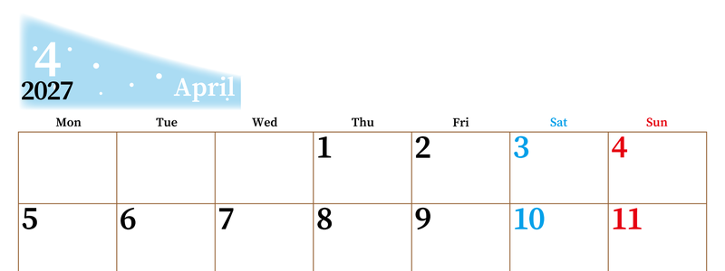 2027年4月横型月曜始まり パステルカラーのシンプルで大きい文字が見やすく書き込みも楽な無料カレンダー 【No.202701120401】