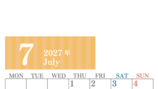 2027年7月縦型月曜始まり  シンプルで罫線がはっきりしている数字が大きい見やすいカレンダー／ダウンロード無料 【No.202701130711】