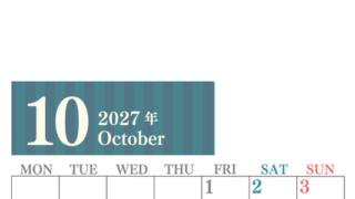 2027年10月縦型月曜始まり シンプルで罫線がはっきりしている数字が大きい見やすいカレンダー／ダウンロード無料 【No.202701131011】