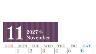 2027年11月縦型日曜始まり シンプルで罫線がはっきりしている数字が大きい見やすいカレンダー／ダウンロード無料 【No.202701131110】