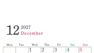 2027年カレンダー印刷用12月は縦向きで月曜始まり シンプルかつインクを節約できるフリー素材 【No.202701151211】