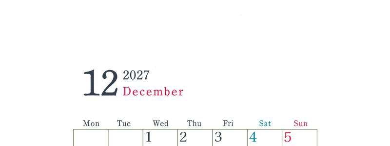 2027年カレンダー印刷用12月は縦向きで月曜始まり シンプルかつインクを節約できるフリー素材 【No.202701151211】