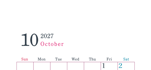 2027年カレンダー印刷用10月は縦向きで日曜始まり シンプルかつインクを節約できるフリー素材 【No.202701151010】