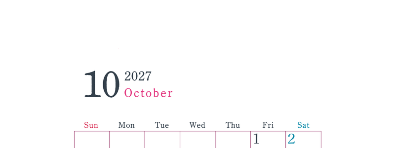 2027年カレンダー印刷用10月は縦向きで日曜始まり シンプルかつインクを節約できるフリー素材 【No.202701151010】