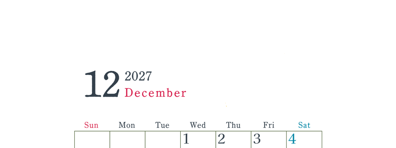 2027年カレンダー印刷用12月は縦向きで日曜始まり シンプルかつインクを節約できるフリー素材 【No.202701151210】