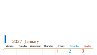 2027年1月カレンダー(無料)はシンプルでスケジュールを書き込みやすい縦型の月曜始まりカレンダー♪ 【No.202701170111】