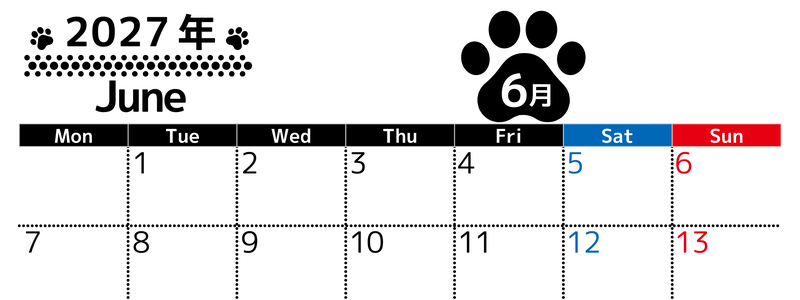 無料カレンダー：2027年6月横型月曜始まり♪シンプルで書き込み欄が大きいだけでなく猫の肉球がかわいいデザイン♪ 【No.202701210601】