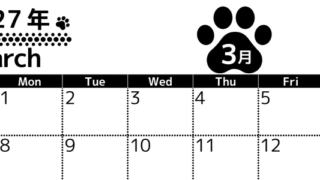 無料カレンダー：2027年3月横型日曜始まり♪シンプルで書き込み欄が大きいだけでなく猫の肉球がかわいいデザイン♪ 【No.202701210300】