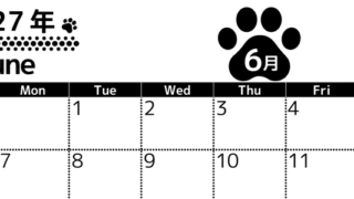 無料カレンダー：2027年6月横型日曜始まり♪シンプルで書き込み欄が大きいだけでなく猫の肉球がかわいいデザイン♪ 【No.202701210600】
