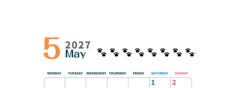 2027年5月カレンダー(印刷用)は縦型月曜始まりで猫の黒い肉球がゆるかわいいほっこりするイラストつき無料素材♪ 【No.202701220511】