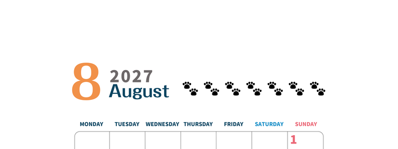 2027年8月カレンダー(印刷用)は縦型月曜始まりで猫の黒い肉球がゆるかわいいほっこりするイラストつき無料素材♪ 【No.202701220811】