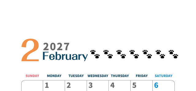 2027年2月カレンダー(印刷用)は縦型日曜始まりで猫の黒い肉球がゆるかわいいほっこりするイラストつき無料素材♪ 【No.202701220210】