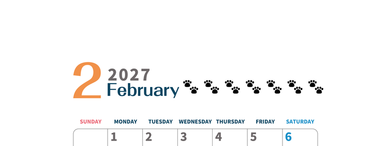 2027年2月カレンダー(印刷用)は縦型日曜始まりで猫の黒い肉球がゆるかわいいほっこりするイラストつき無料素材♪ 【No.202701220210】