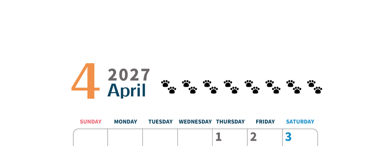 2027年4月カレンダー(印刷用)は縦型日曜始まりで猫の黒い肉球がゆるかわいいほっこりするイラストつき無料素材♪ 【No.202701220410】