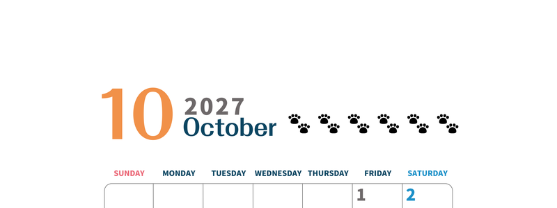 2027年10月カレンダー(印刷用)は縦型日曜始まりで猫の黒い肉球がゆるかわいいほっこりするイラストつき無料素材♪ 【No.202701221010】
