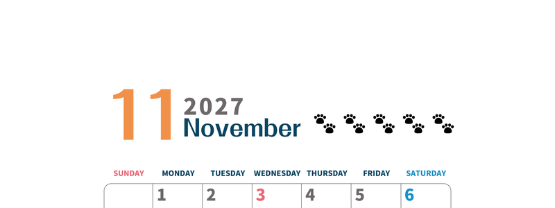 2027年11月カレンダー(印刷用)は縦型日曜始まりで猫の黒い肉球がゆるかわいいほっこりするイラストつき無料素材♪ 【No.202701221110】