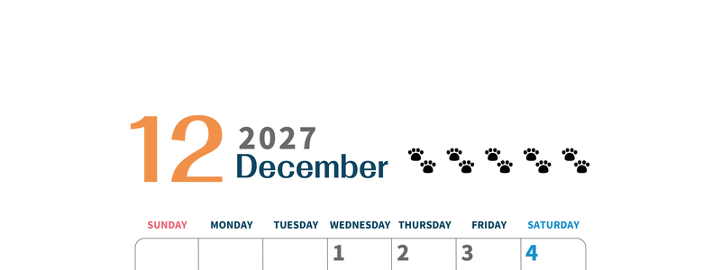 2027年12月カレンダー(印刷用)は縦型日曜始まりで猫の黒い肉球がゆるかわいいほっこりするイラストつき無料素材♪ 【No.202701221210】
