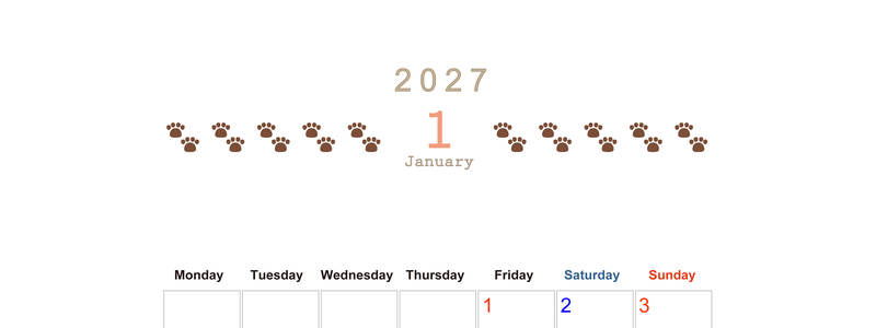 カレンダー2027年(無料)1月は縦型月曜始まりで猫の自由きままな足あとがおしゃれで大人かわいい 【No.202701230111】