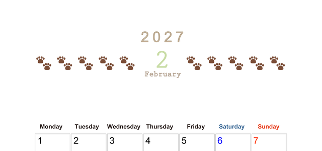 カレンダー2027年(無料)2月は縦型月曜始まりで猫の自由きままな足あとがおしゃれで大人かわいい 【No.202701230211】
