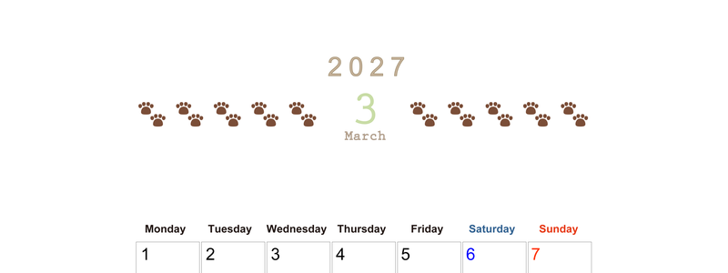カレンダー2027年(無料)3月は縦型月曜始まりで猫の自由きままな足あとがおしゃれで大人かわいい 【No.202701230311】