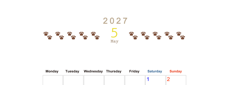 カレンダー2027年(無料)5月は縦型月曜始まりで猫の自由きままな足あとがおしゃれで大人かわいい 【No.202701230511】