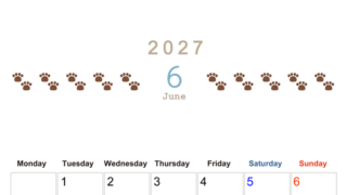 カレンダー2027年(無料)6月は縦型月曜始まりで猫の自由きままな足あとがおしゃれで大人かわいい 【No.202701230611】