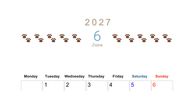 カレンダー2027年(無料)6月は縦型月曜始まりで猫の自由きままな足あとがおしゃれで大人かわいい 【No.202701230611】