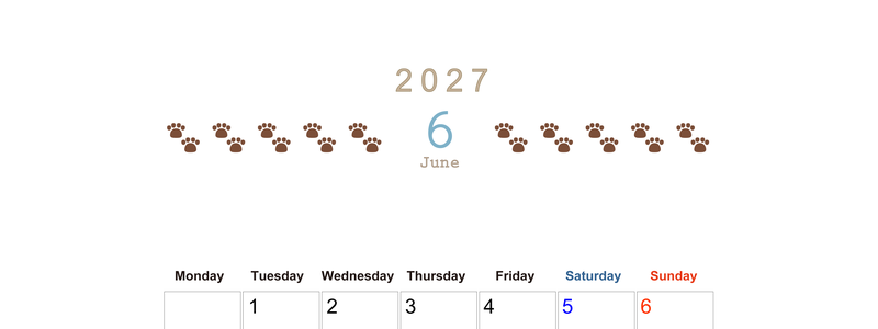 カレンダー2027年(無料)6月は縦型月曜始まりで猫の自由きままな足あとがおしゃれで大人かわいい 【No.202701230611】