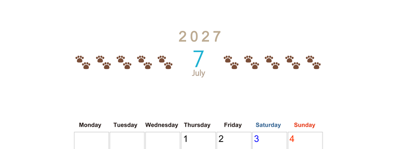 カレンダー2027年(無料)7月は縦型月曜始まり で猫の自由きままな足あとがおしゃれで大人かわいい 【No.202701230711】