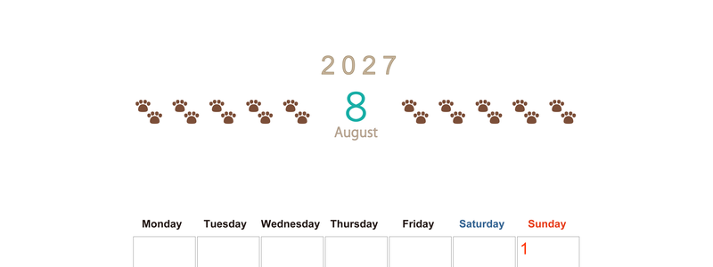 カレンダー2027年(無料)8月は縦型月曜始まりで猫の自由きままな足あとがおしゃれで大人かわいい 【No.202701230811】