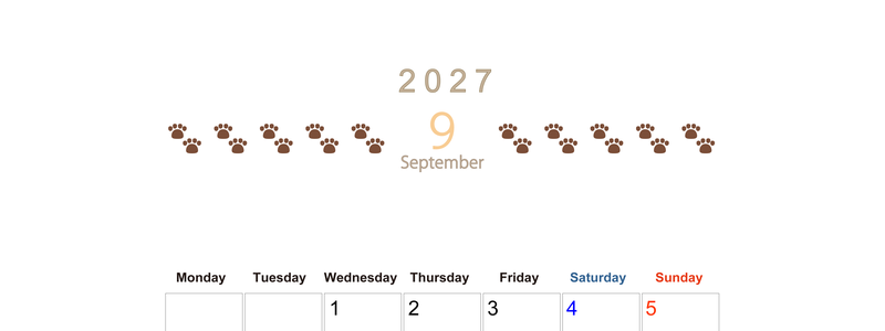 カレンダー2027年(無料)9月は縦型月曜始まりで猫の自由きままな足あとがおしゃれで大人かわいい 【No.202701230911】