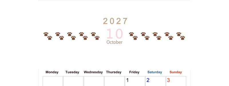 カレンダー2027年(無料)10月は縦型月曜始まりで猫の自由きままな足あとがおしゃれで大人かわいい 【No.202701231011】