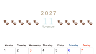 カレンダー2027年(無料)11月は縦型月曜始まりで猫の自由きままな足あとがおしゃれで大人かわいい 【No.202701231111】