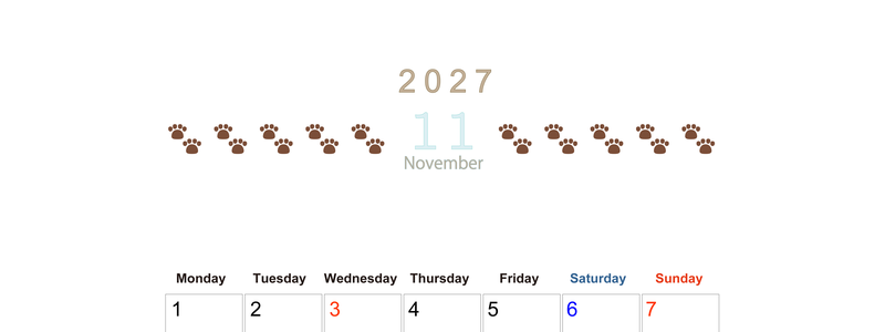 カレンダー2027年(無料)11月は縦型月曜始まりで猫の自由きままな足あとがおしゃれで大人かわいい 【No.202701231111】