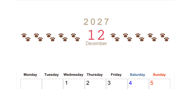 カレンダー2027年(無料)12月は縦型月曜始まりで猫の自由きままな足あとがおしゃれで大人かわいい 【No.202701231211】