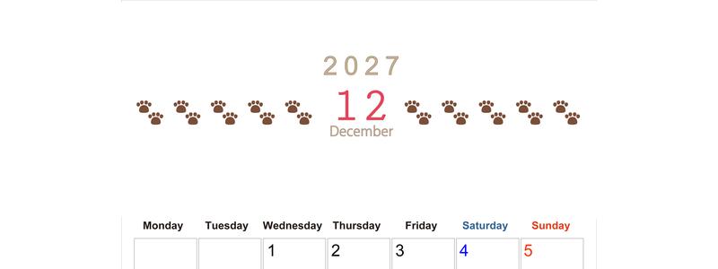 カレンダー2027年(無料)12月は縦型月曜始まりで猫の自由きままな足あとがおしゃれで大人かわいい 【No.202701231211】