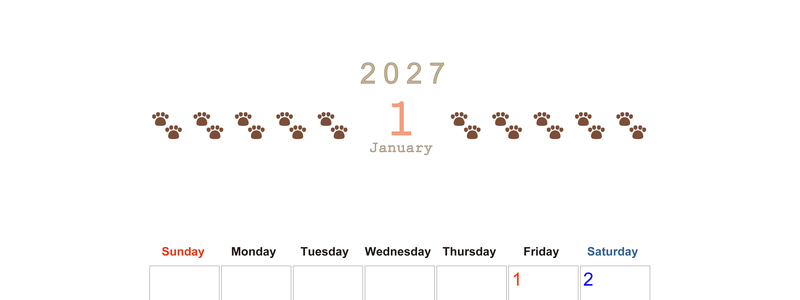 カレンダー2027年(無料)1月は縦型日曜始まりで猫の自由きままな足あとがおしゃれで大人かわいい 【No.202701230110】