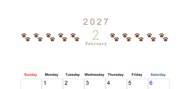 カレンダー2027年(無料)2月は縦型日曜始まりで猫の自由きままな足あとがおしゃれで大人かわいい 【No.202701230210】