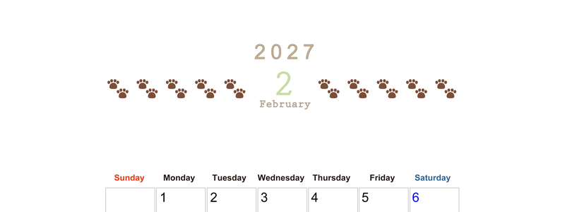 カレンダー2027年(無料)2月は縦型日曜始まりで猫の自由きままな足あとがおしゃれで大人かわいい 【No.202701230210】