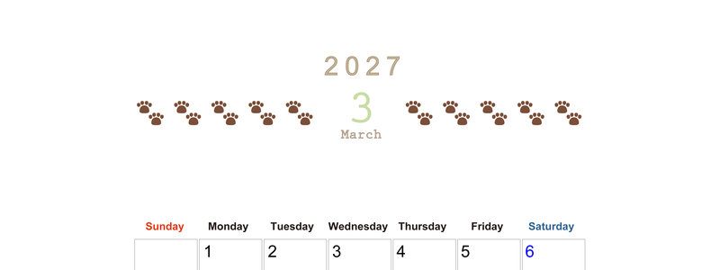 カレンダー2027年(無料)3月は縦型日曜始まりで猫の自由きままな足あとがおしゃれで大人かわいい 【No.202701230310】