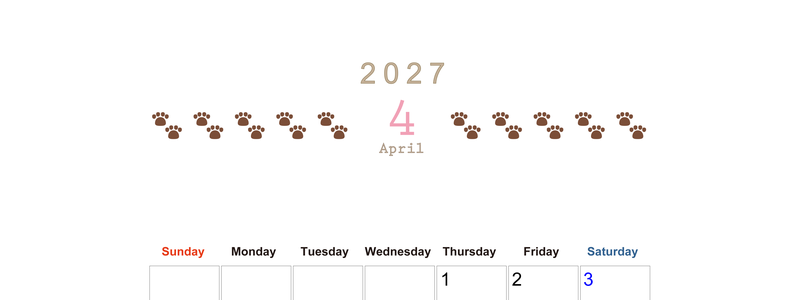 カレンダー2027年(無料)4月は縦型日曜始まりで猫の自由きままな足あとがおしゃれで大人かわいい 【No.202701230410】