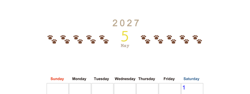 カレンダー2027年(無料)5月は縦型日曜始まりで猫の自由きままな足あとがおしゃれで大人かわいい 【No.202701230510】