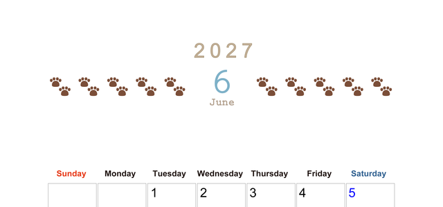 カレンダー2027年(無料)6月は縦型日曜始まりで猫の自由きままな足あとがおしゃれで大人かわいい 【No.202701230610】