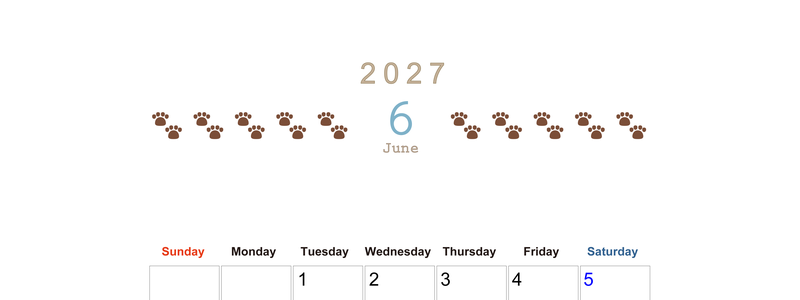 カレンダー2027年(無料)6月は縦型日曜始まりで猫の自由きままな足あとがおしゃれで大人かわいい 【No.202701230610】