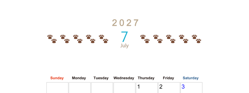 カレンダー2027年(無料)7月は縦型日曜始まり で猫の自由きままな足あとがおしゃれで大人かわいい 【No.202701230710】