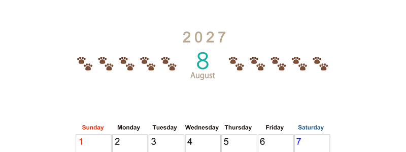 カレンダー2027年(無料)8月は縦型日曜始まりで猫の自由きままな足あとがおしゃれで大人かわいい 【No.202701230810】