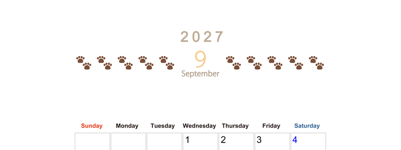 カレンダー2027年(無料)9月は縦型日曜始まりで猫の自由きままな足あとがおしゃれで大人かわいい 【No.202701230910】