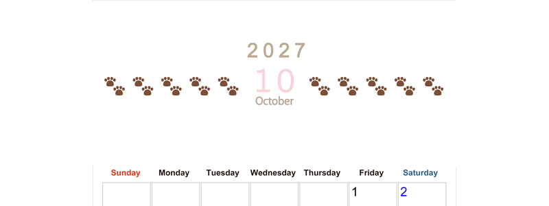 カレンダー2027年(無料)10月は縦型日曜始まりで猫の自由きままな足あとがおしゃれで大人かわいい 【No.202701231010】
