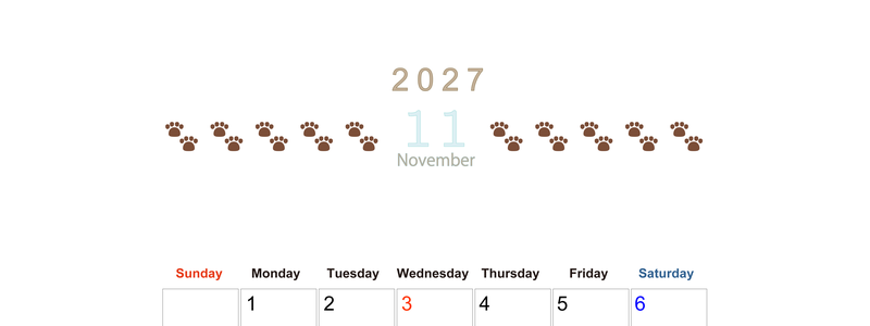 カレンダー2027年(無料)11月は縦型日曜始まりで猫の自由きままな足あとがおしゃれで大人かわいい 【No.202701231110】